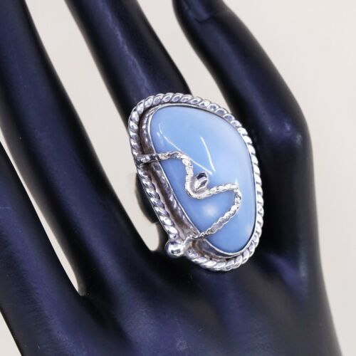 Sz 8.25, Vtg Sterling Silver Handmade Ring, 925 Silver Ring W/ Larimar N Cable
