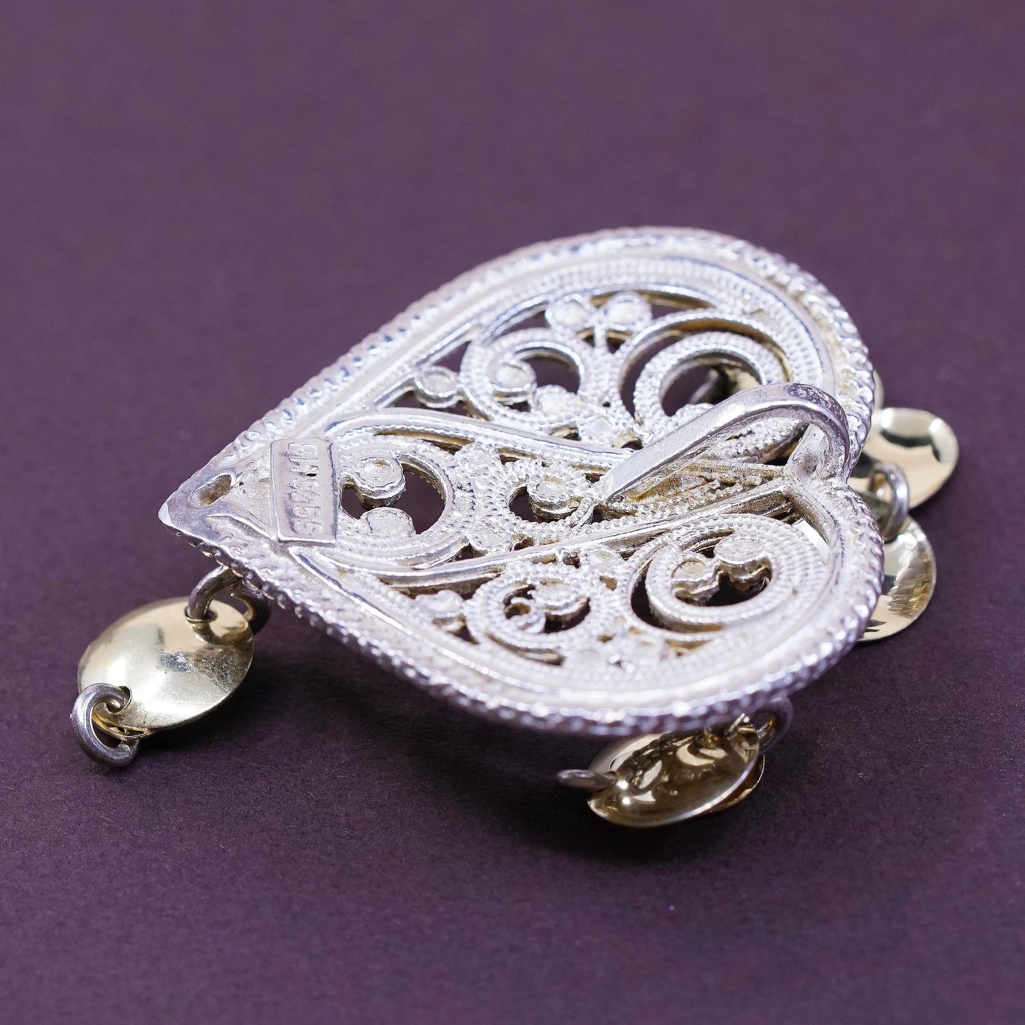vtg OH Sterling silver handmade charm, 925 filigree heart pendant w/ disc