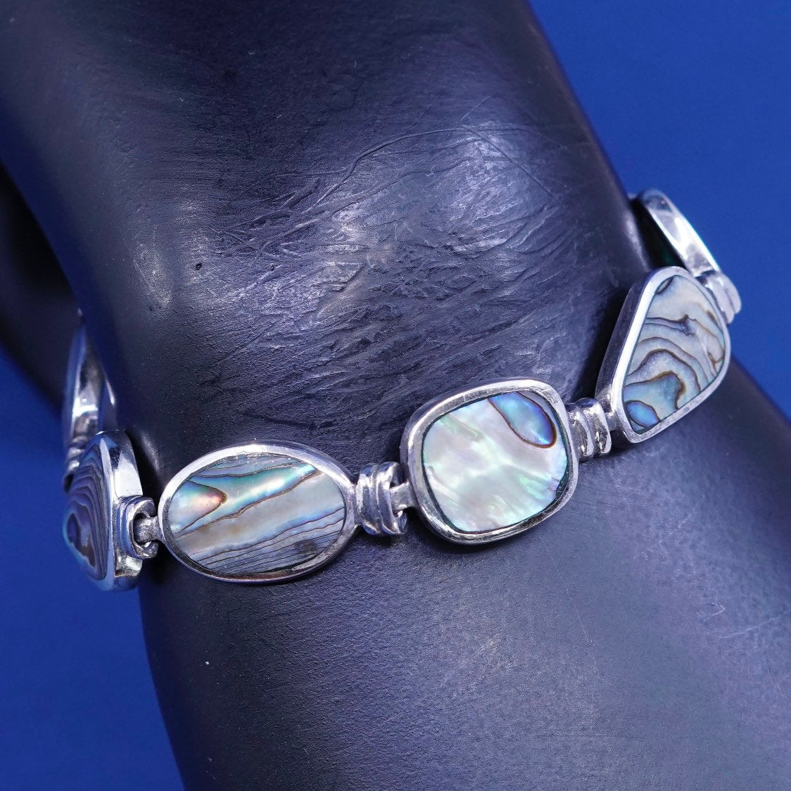 7”, vtg CFJ sterling silver handmade bracelet 925 w/ abalone and toggle closure
