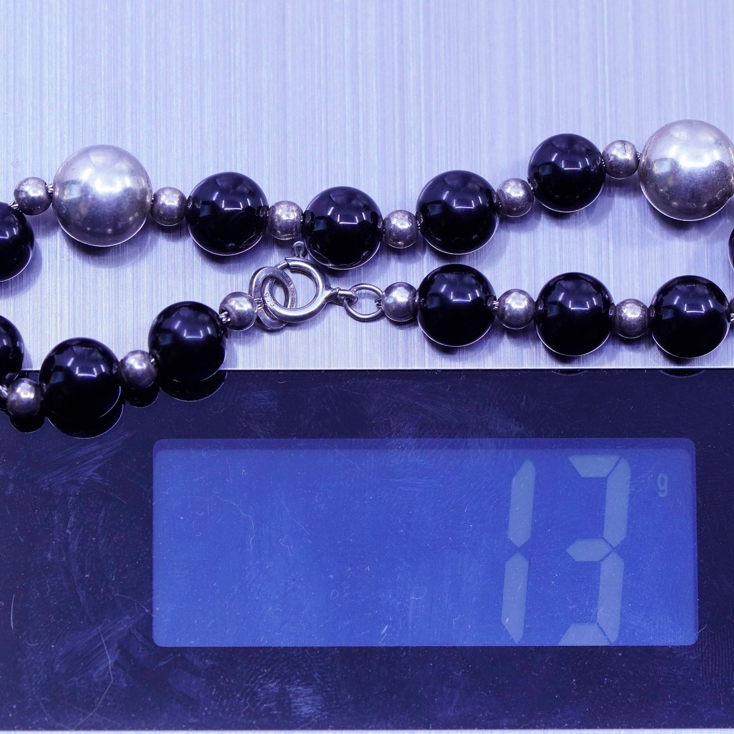 6.5”, vintage bali Sterling 925 silver bracelet with obsidian beads