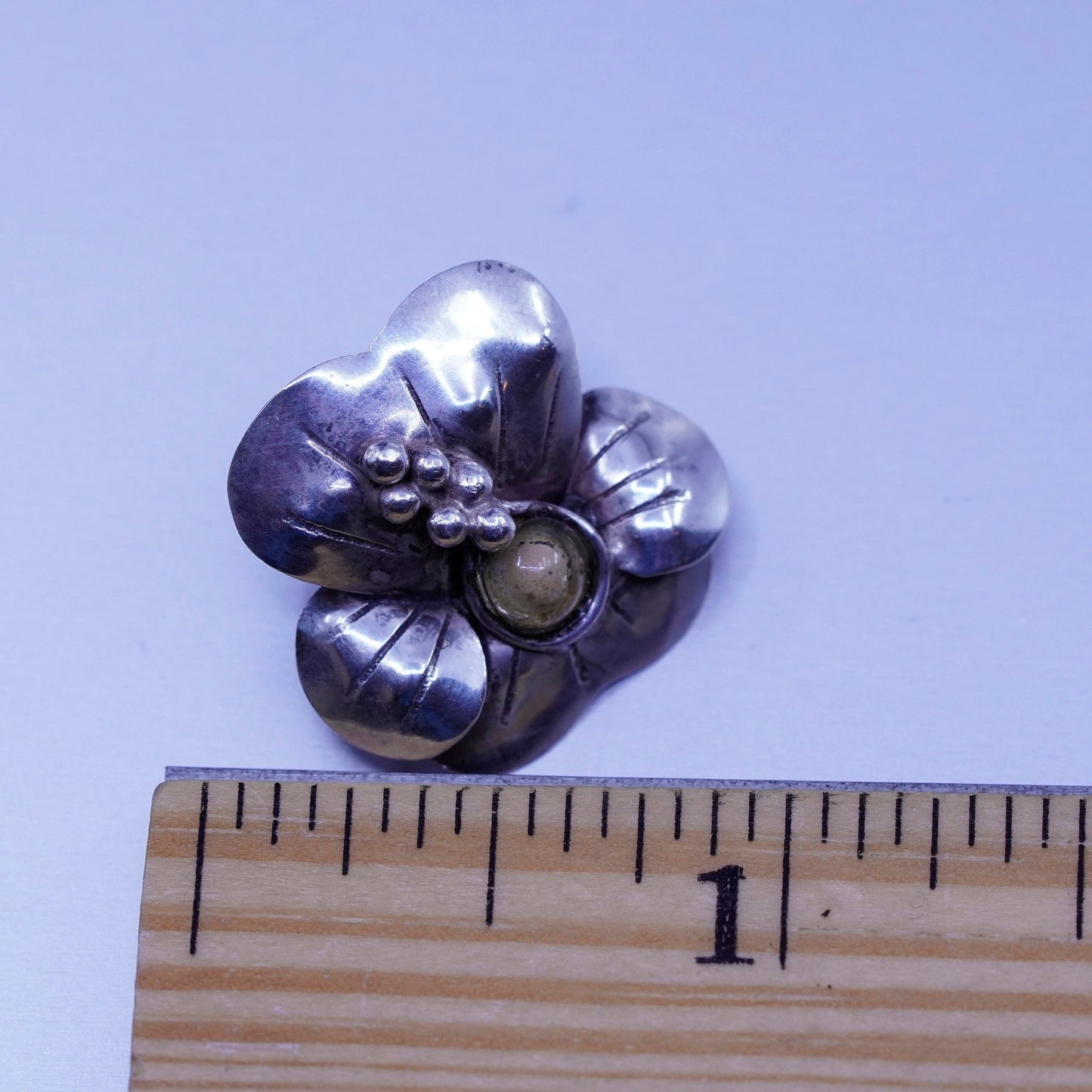 Vintage Sterling 925 silver handmade earrings, flower clip on with glass bead