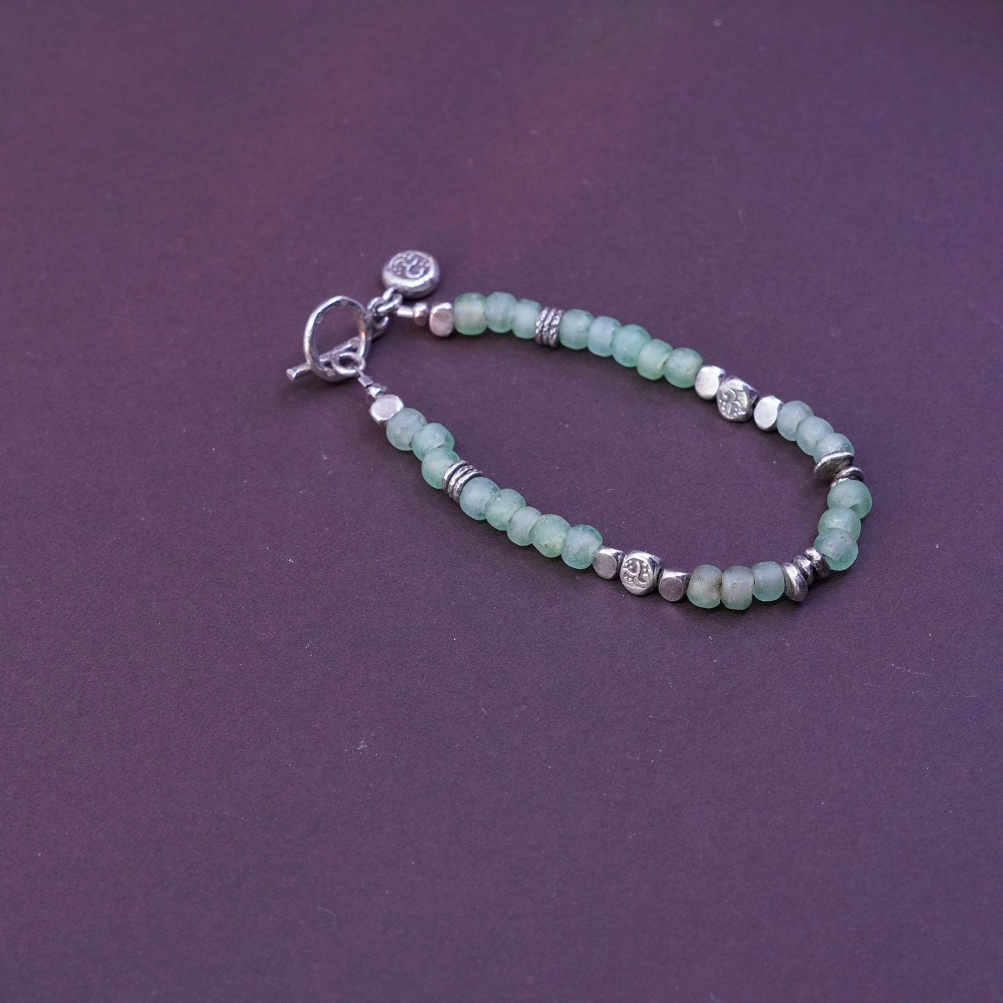 6.75”, Vintage Sterling silver handmade bracelet, 925 cube with jade bead