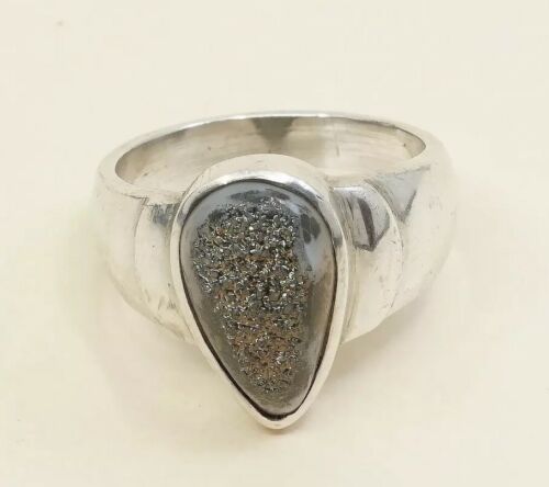 Sz 7.5, Vtg Sterling Silver Ring w/ Teardrop druzy quartz Stone MR-1