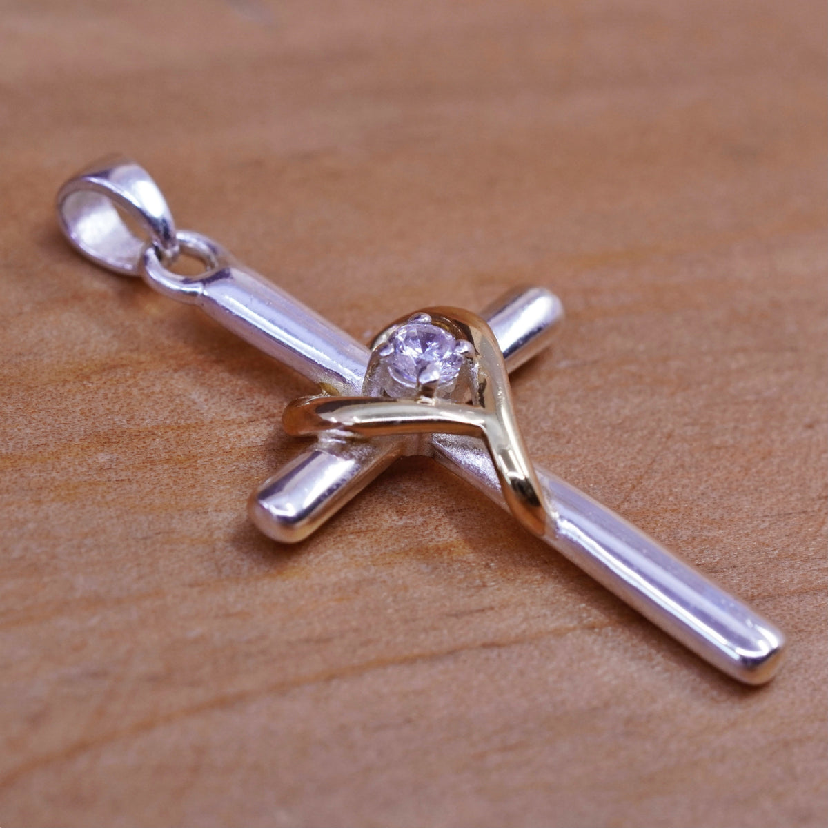 Vintage Sterling silver handmade pendant, 925 cross with heart and cz