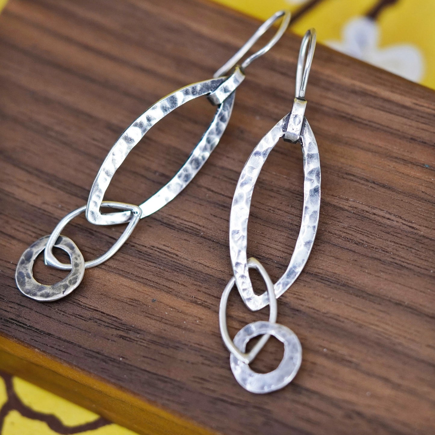 Vintage Silpada handmade Sterling Silver hammered marquise shaped Hoop Earrings