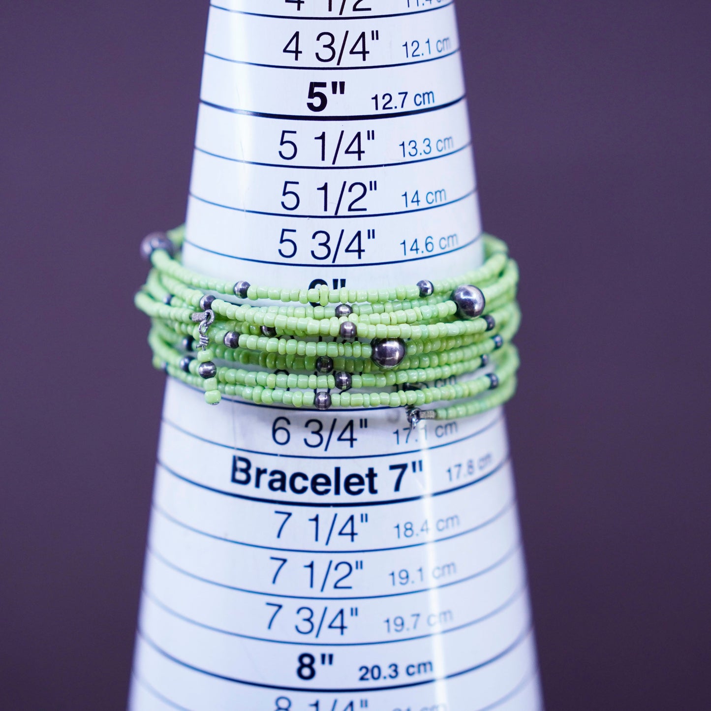 6” handmade green beads wrap around bangle bracelet sterling 925 silver beads