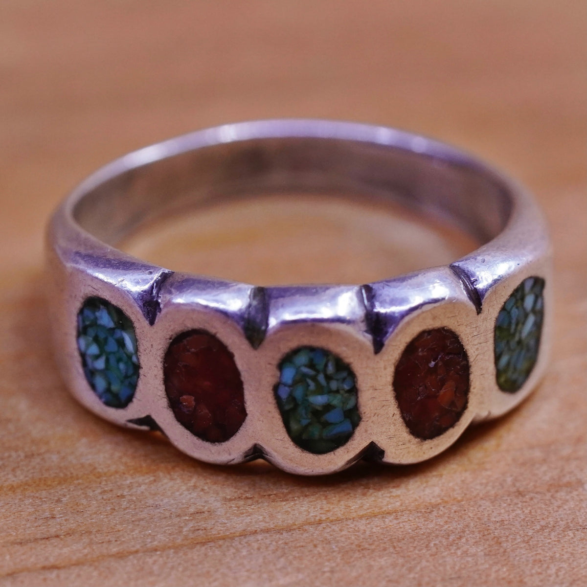 Size 6.25, Sterling silver handmade ring, mexico 925 band turquoise coral