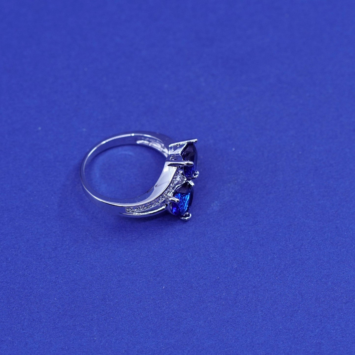 Size 6.25, Sterling 925 silver engagement ring with sapphire heart cluster Cz