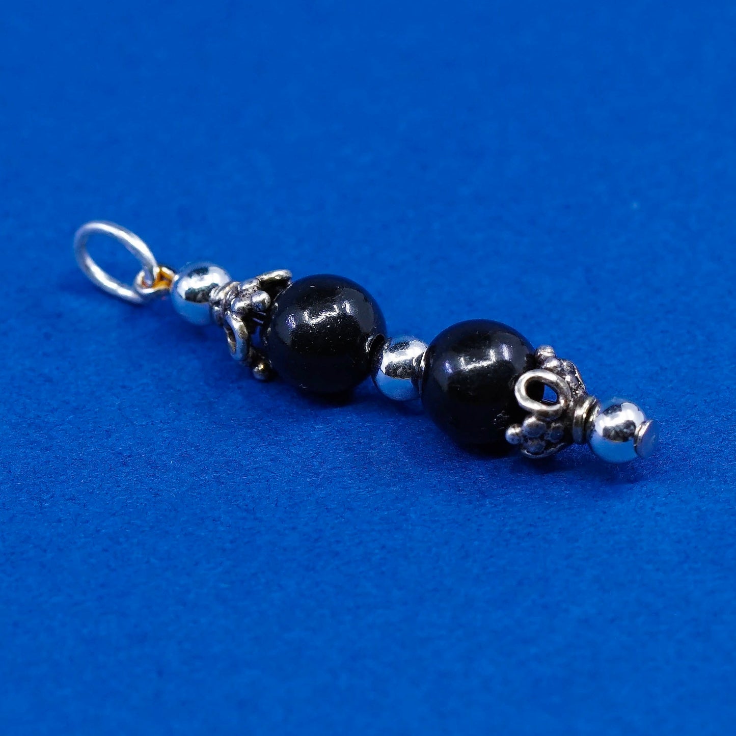 Vintage sterling silver handmade pendant, obsidian bead charm