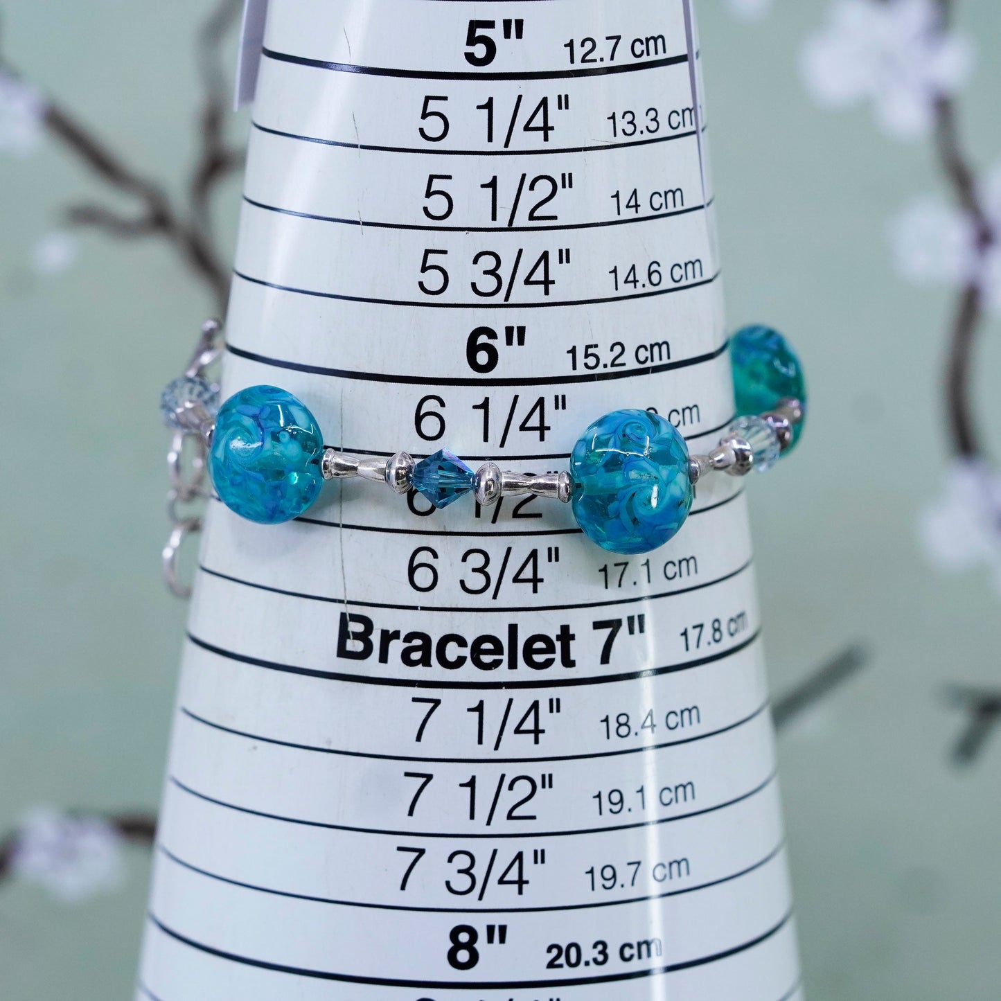 6.5”, vintage 925 Sterling silver bracelet with artisan blue glass beads