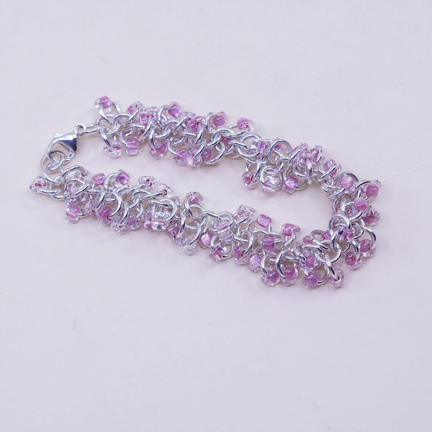 6.75”, Vintage sterling silver bracelet, 925 circle chain cluster pink beads