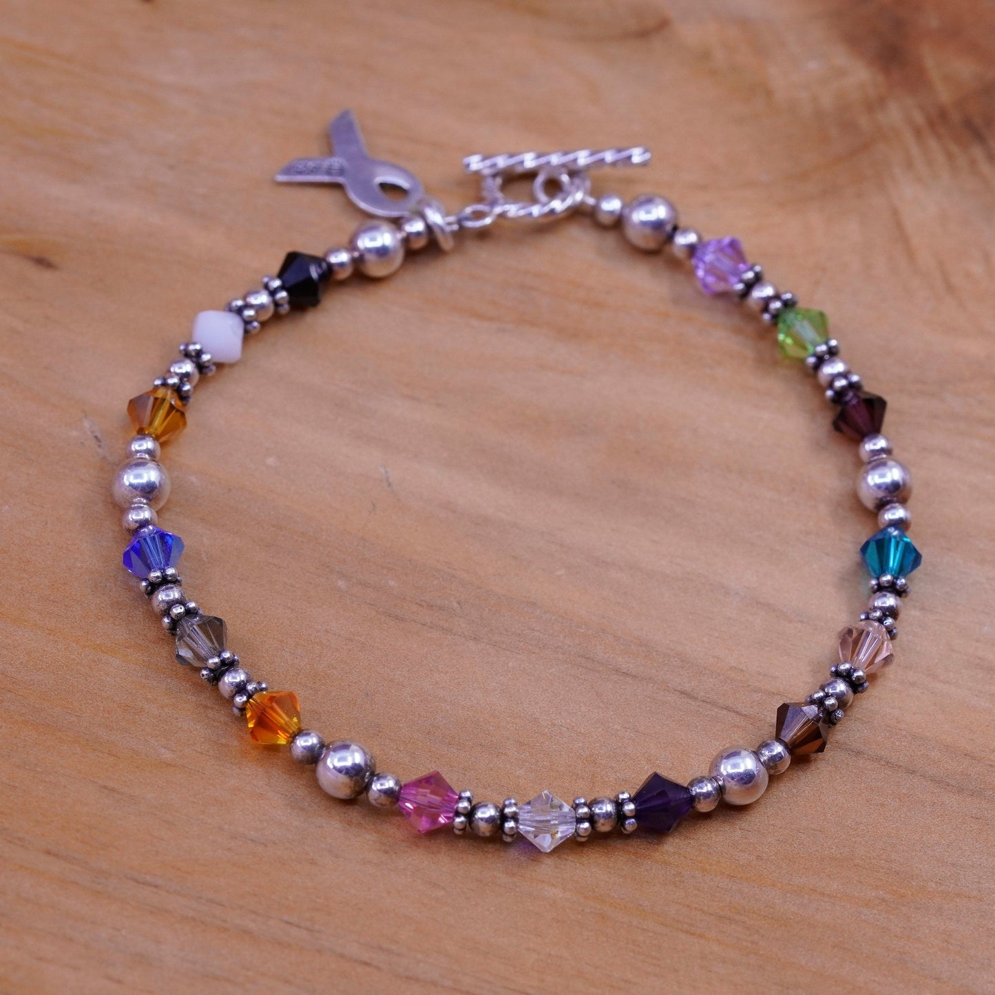 7.25”, handmade pearl beads bracelet crystal Sterling 925 silver ribbon charm
