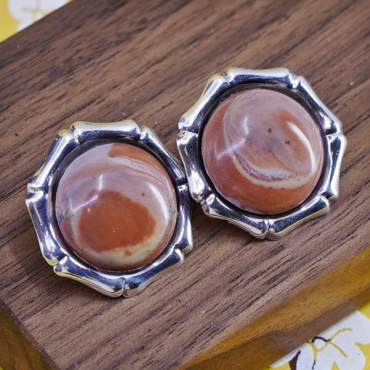Vintage mexico handmade Sterling 925 silver studs earrings jasper bamboo cable