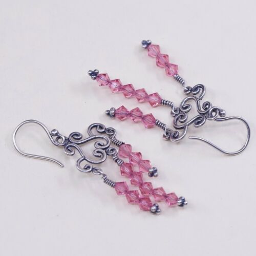 Vtg Sterling 925 silver Handmade Swirly Heart earrings w/ Pink Crystal Dangles