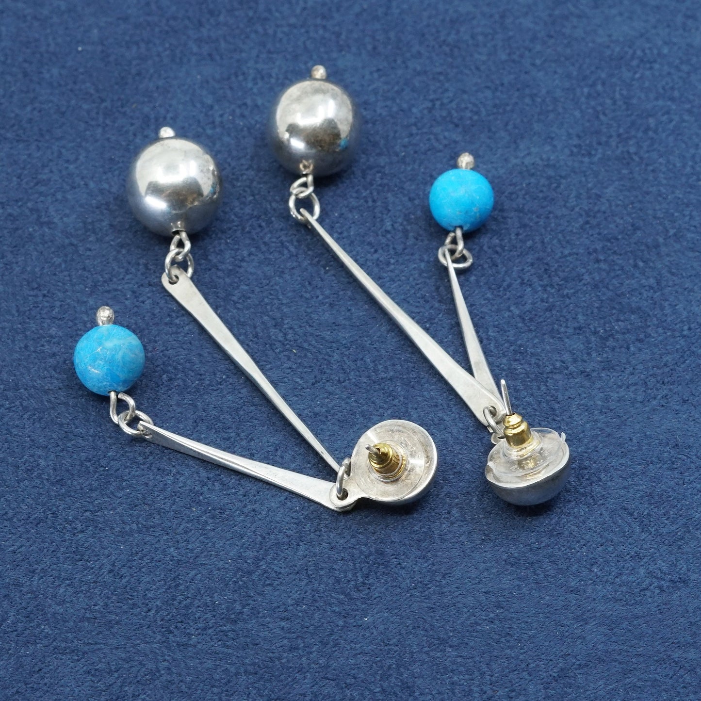 3”, vtg sterling 925 silver handmade long earrings w/ turquoise beads