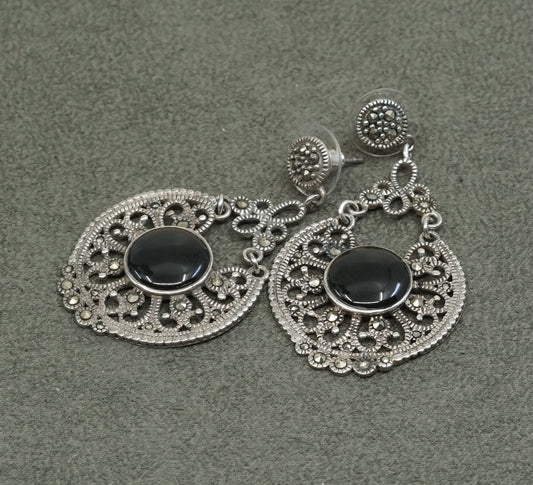 Vintage Sterling silver handmade earrings, Mexico 925 w/ obsidian N marcasite