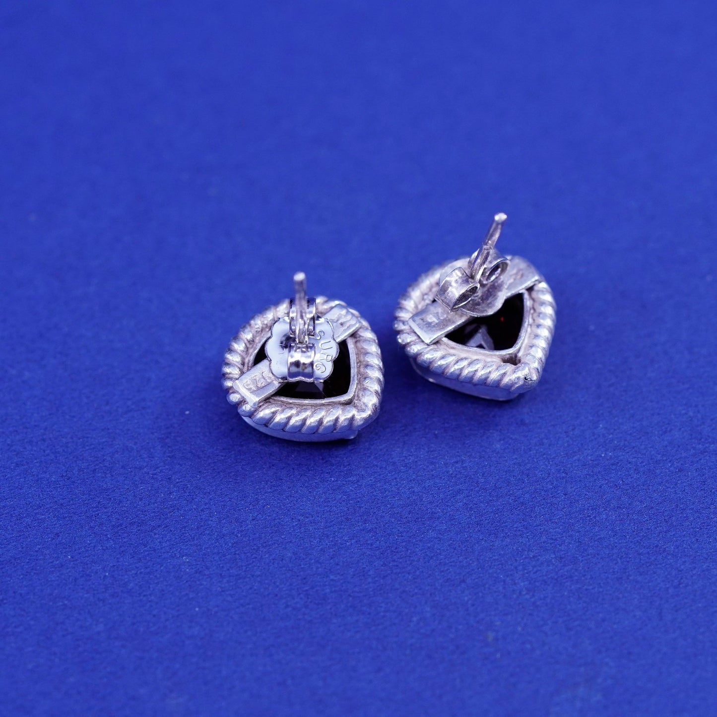 Vintage sterling silver handmade earrings, 925 studs with ruby and cable