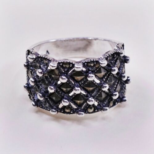 Size 6, Vtg Sterling Silver Handmade Ring, 925 Silver Band W/ Marcasite N Beads