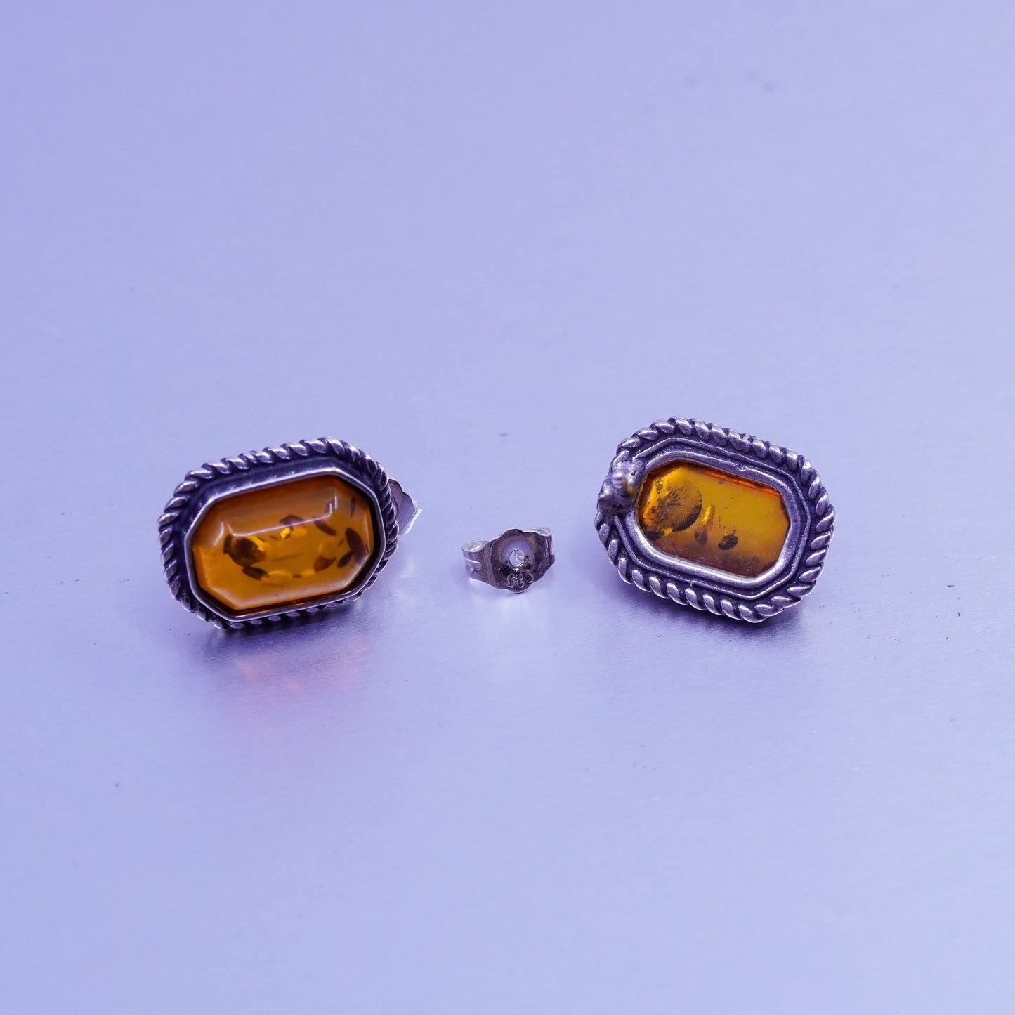 Vintage Sterling 925 silver earrings, studs with Amber and cable around