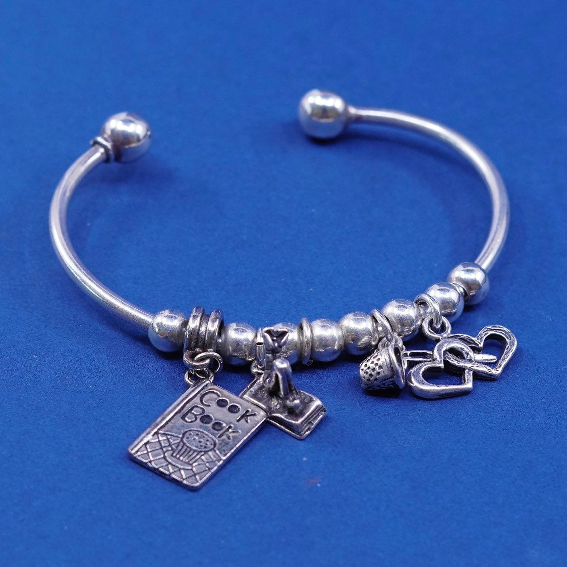6.5" vtg Sterling silver handmade bracelet, Mexico 925 charm cuff double heart