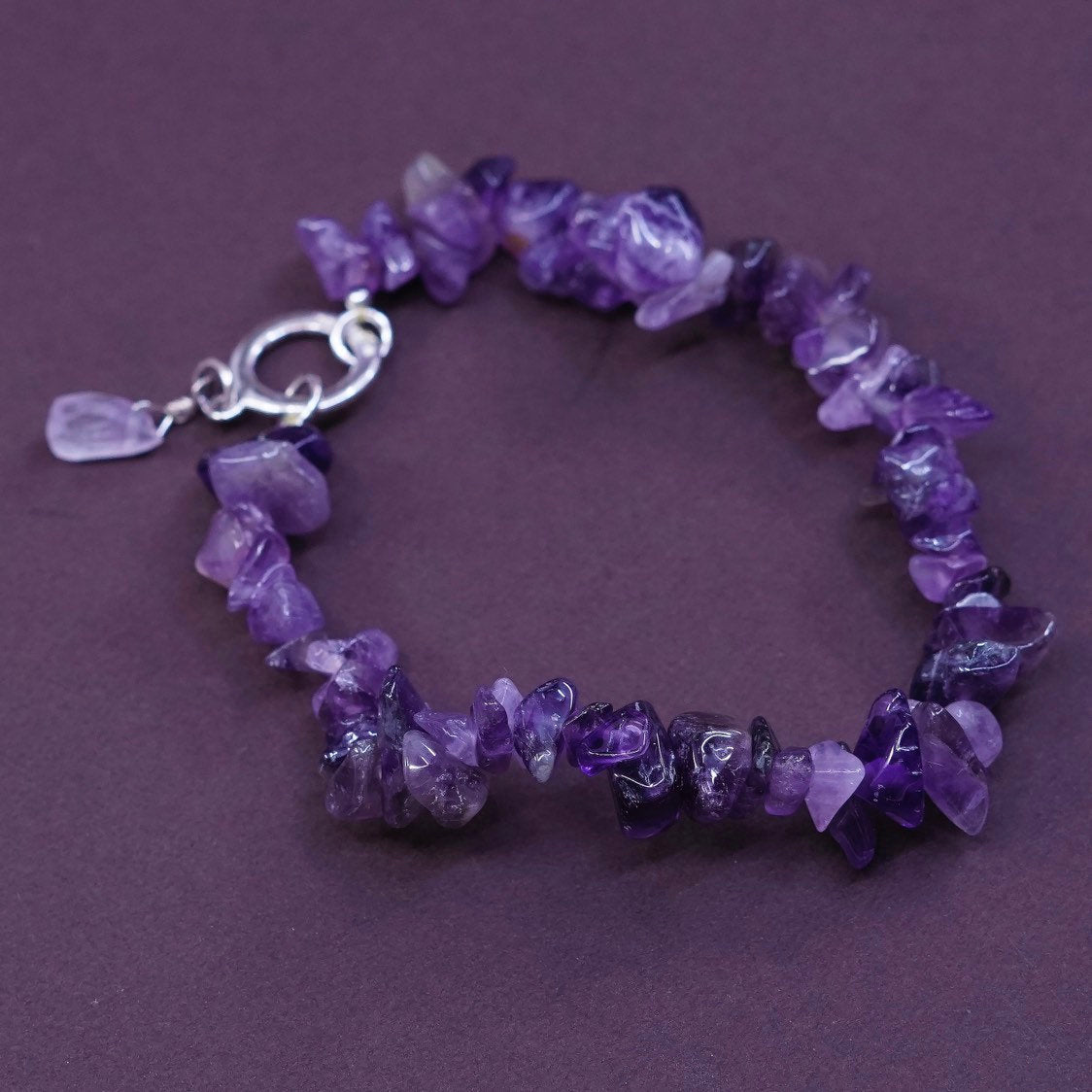 6.25”, vtg Sterling silver handmade bracelet, irregular amethyst beads bracelet