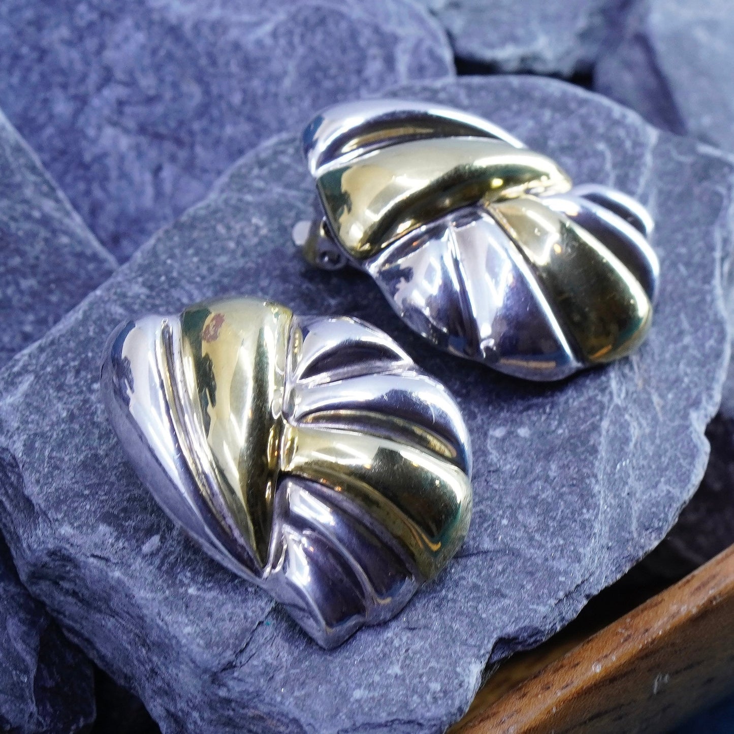 Vintage two tone Sterling silver handmade earrings, mexico 925 ribbed clip on