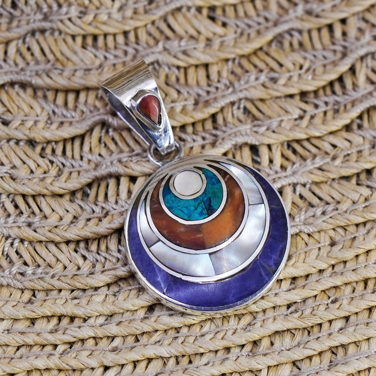 Vintage Sterling 950 pendant, Peruvian Inca silver turquoise, MOP carol pyramid