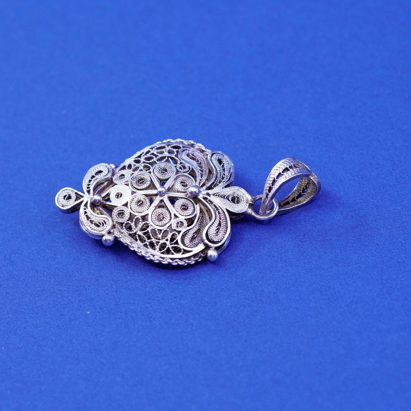Vintage Sterling silver handmade pendant, puffy 925 filigree heart