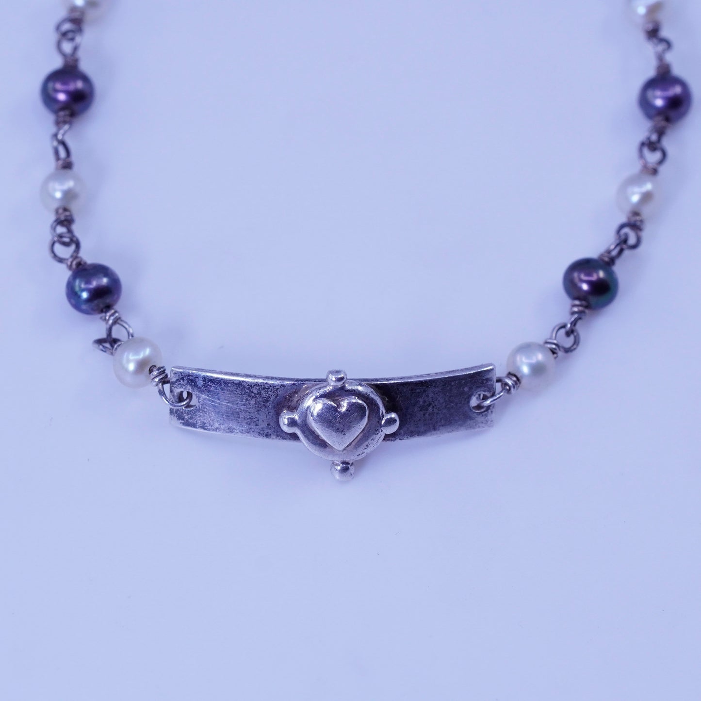 6.75”, vintage Sterling 925 silver handmade bracelet with pearl heart bar charm