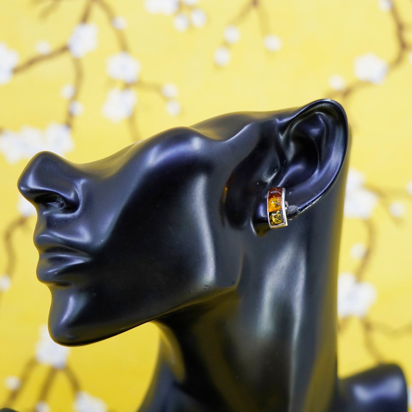Vintage Sterling Silver Handmade earrings, 925 studs with amber, modernist