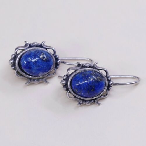 Vtg M 925 Sterling Silver Handmade Earrings W/ Lapis Lazuli N Bead Bali Detail