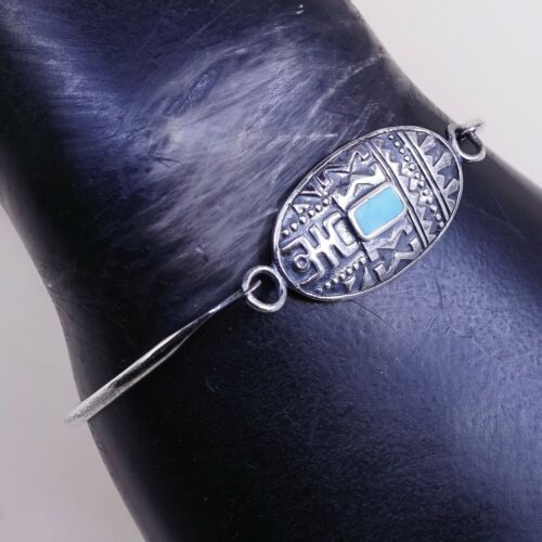6.5”, Vtg Mexico Sterling Silver Hinged Bangle, 925 Bracelet W/ Turquoise