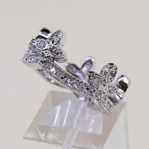 Size 7.25, Vtg Sterling Silver Handmade Wedding Ring, 925 Band W/ Cz Inlay