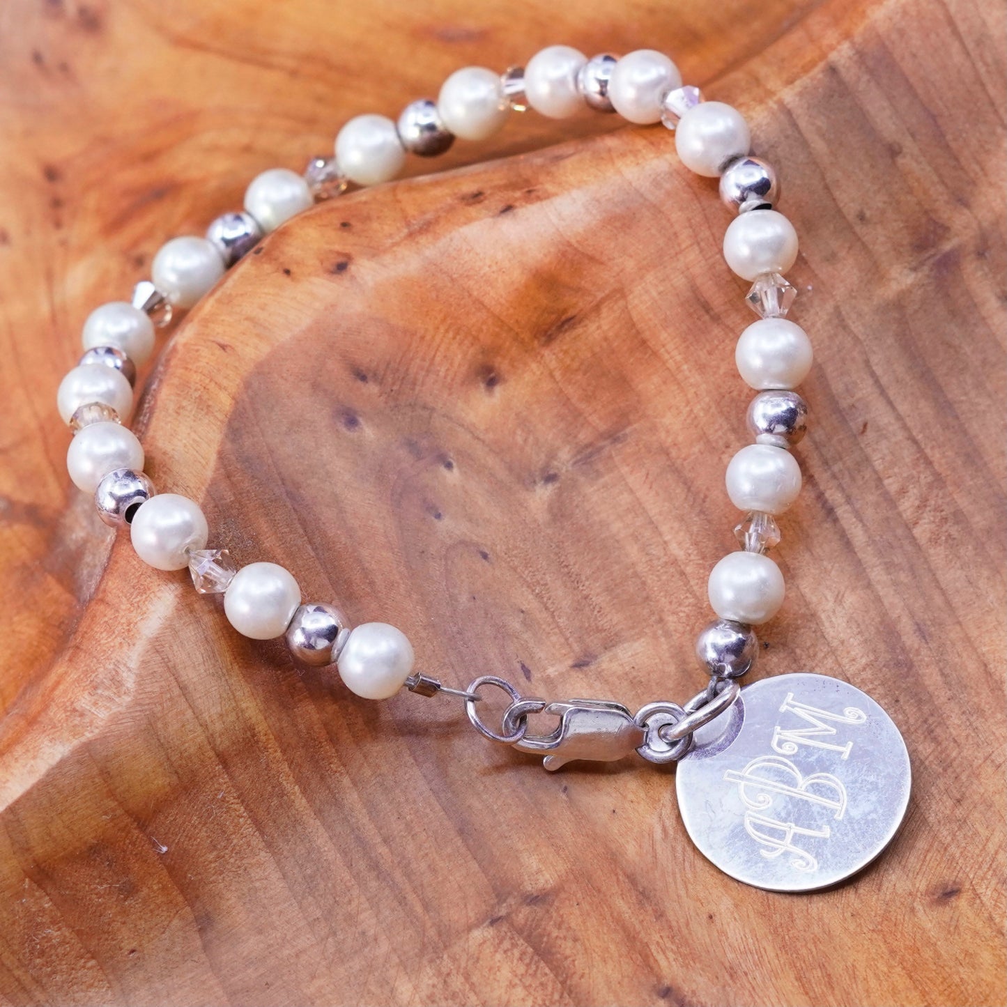 7.25”, Sterling silver bracelet, pearl beads chain 925 charm monogram “ABM”