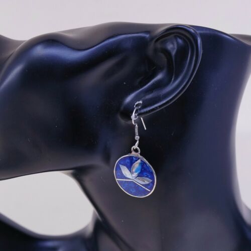 Vtg Mexico Alpaca Silver Handmade Earrings, Round Enamel Disc W/ Mop Flower