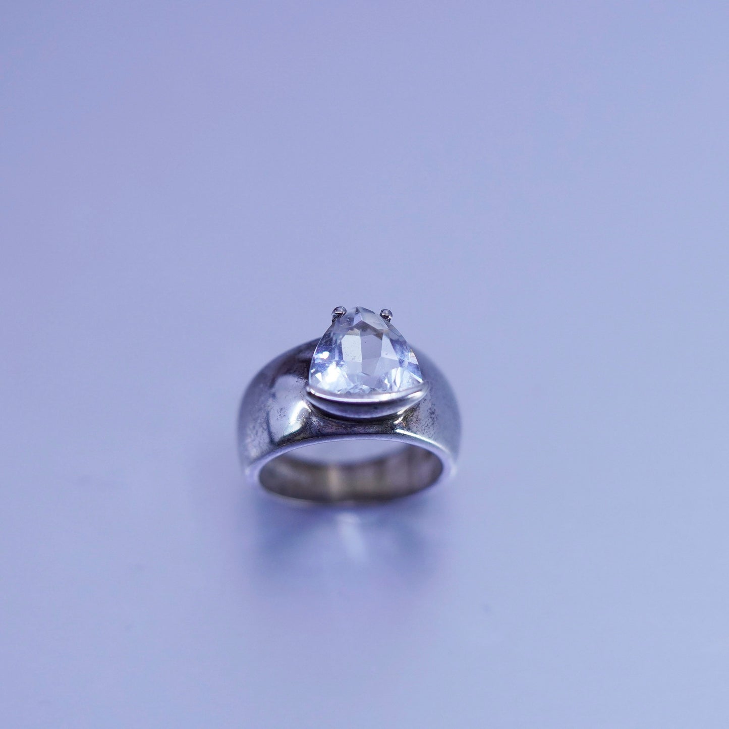Size 6, vintage Sterling 925 silver handmade wide ring with triangular Cz