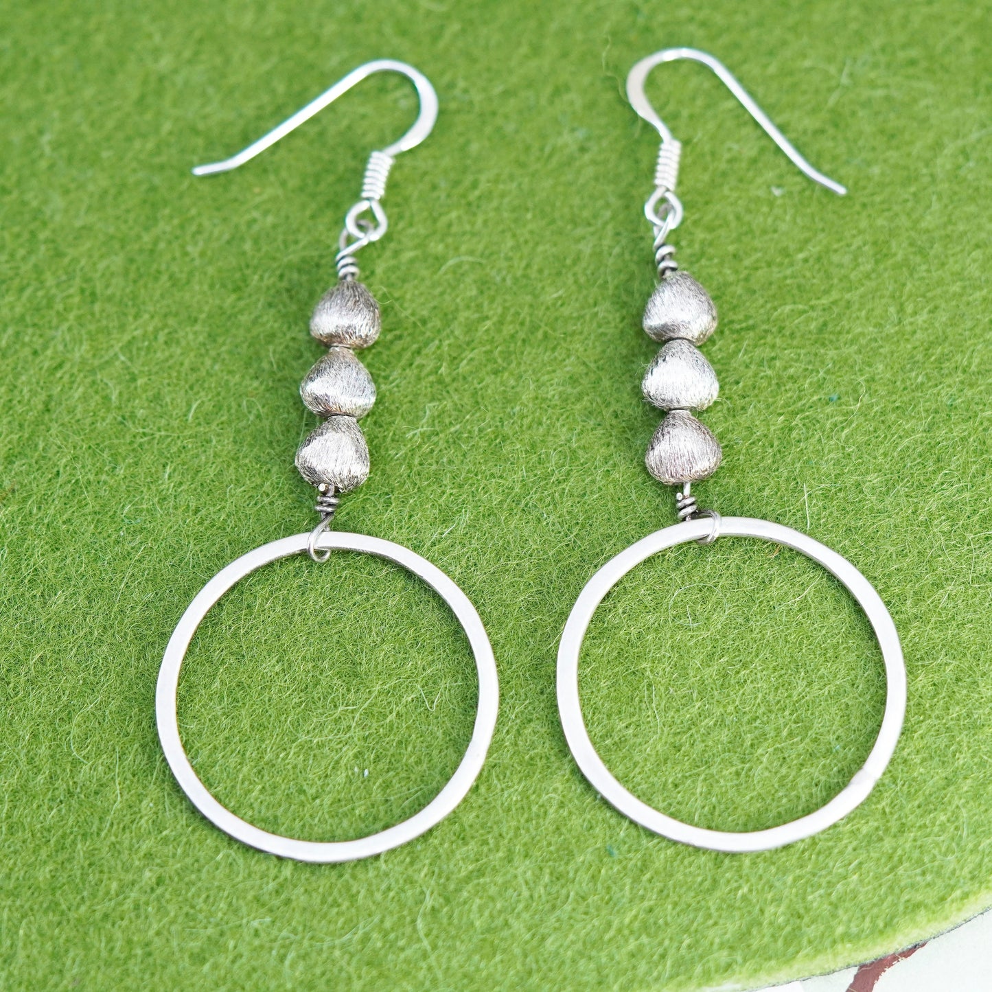 Vintage sterling silver handmade earrings, 925 matte circle dangles with beads