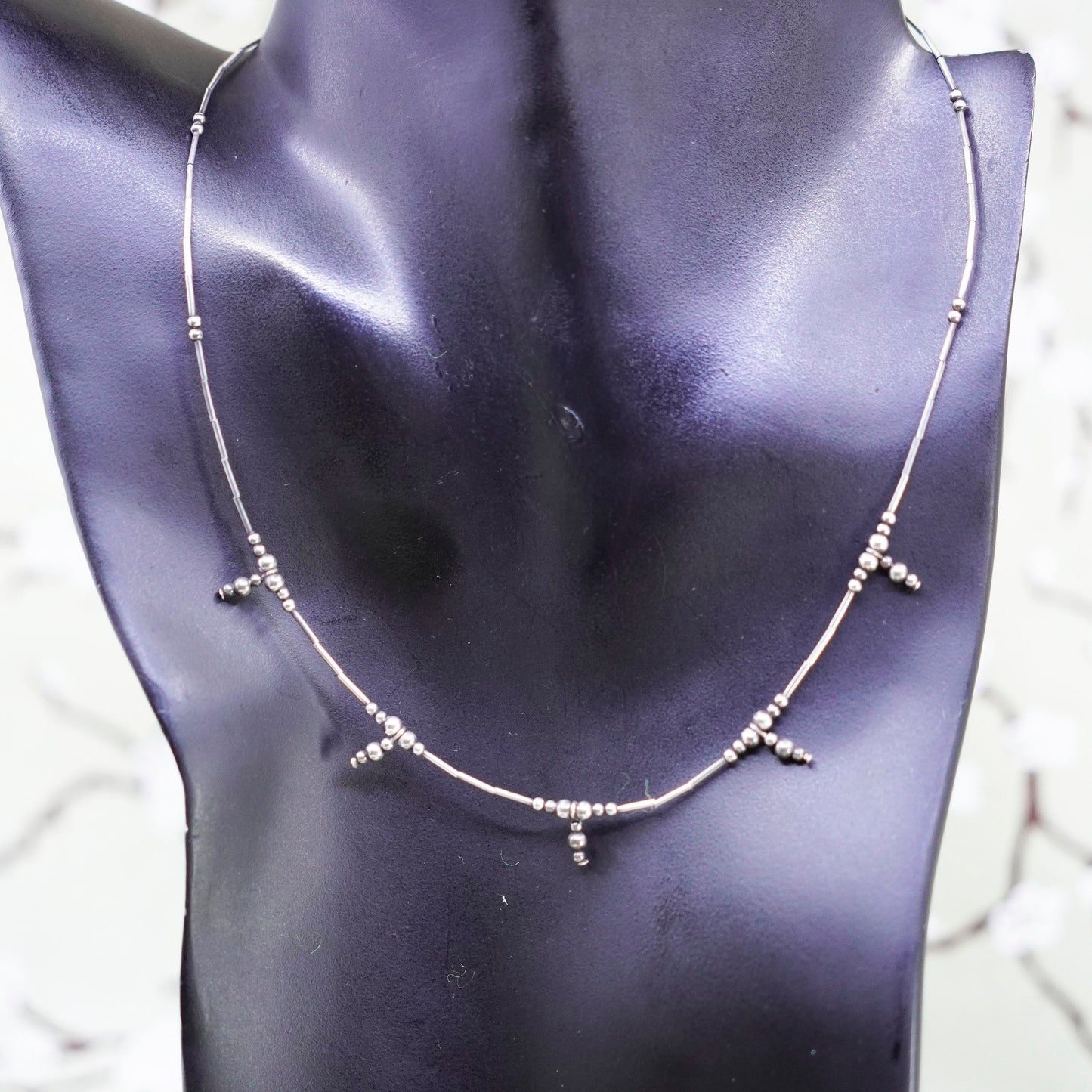16”, vintage Sterling silver handmade necklace, 925 liquid chain with beads