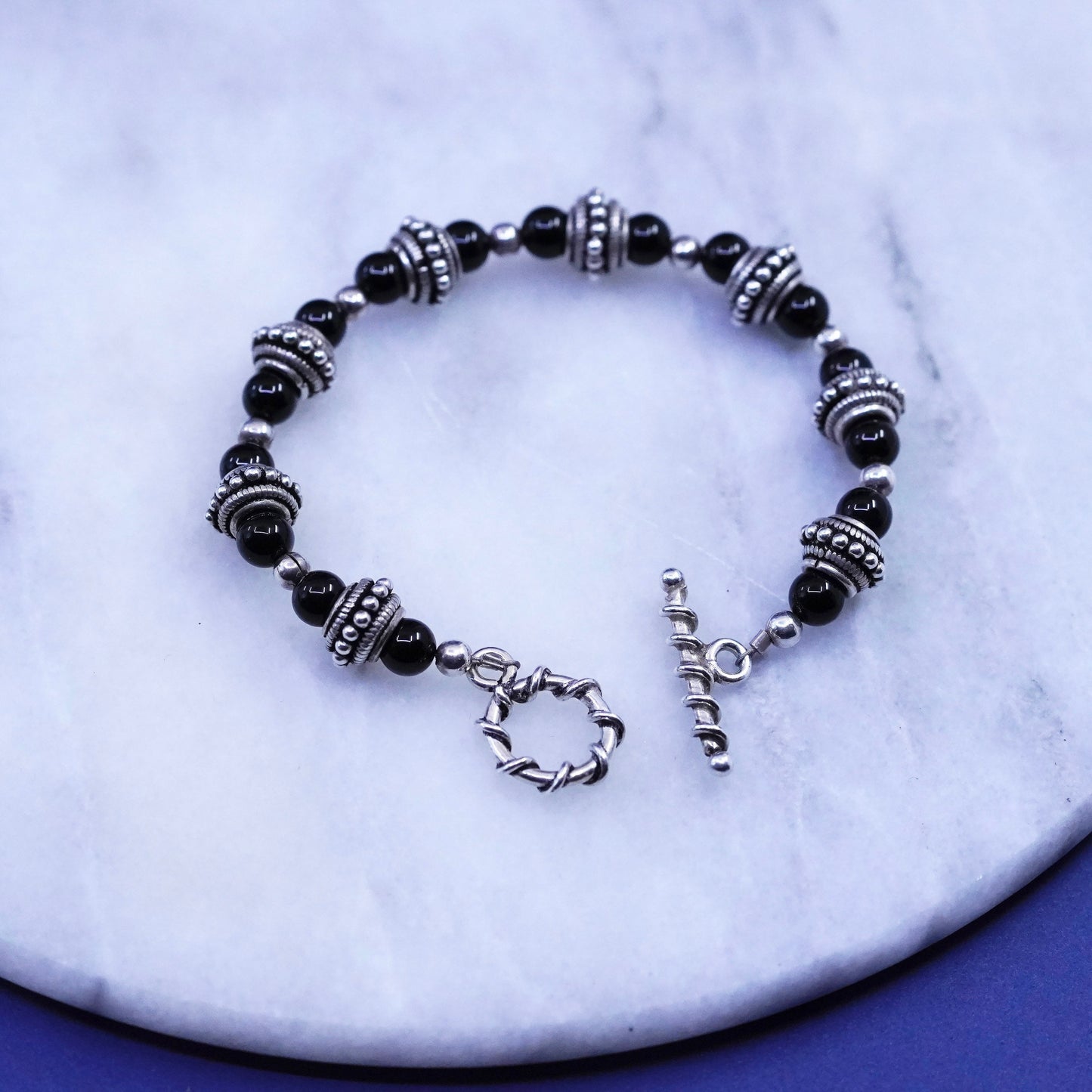 6.5”, vintage sterling 925 silver handmade Bali bracelet with obsidian beads