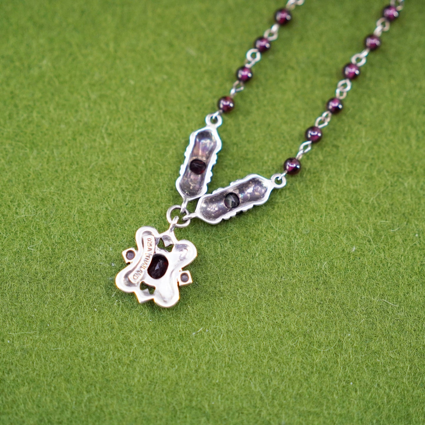 16”, sterling 925 silver necklace, garnet beads with marcasite and ruby pendant