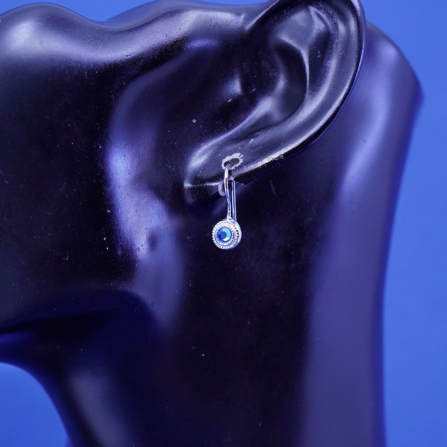 Vintage sterling 925 silver handmade earrings with blue glass Crystal