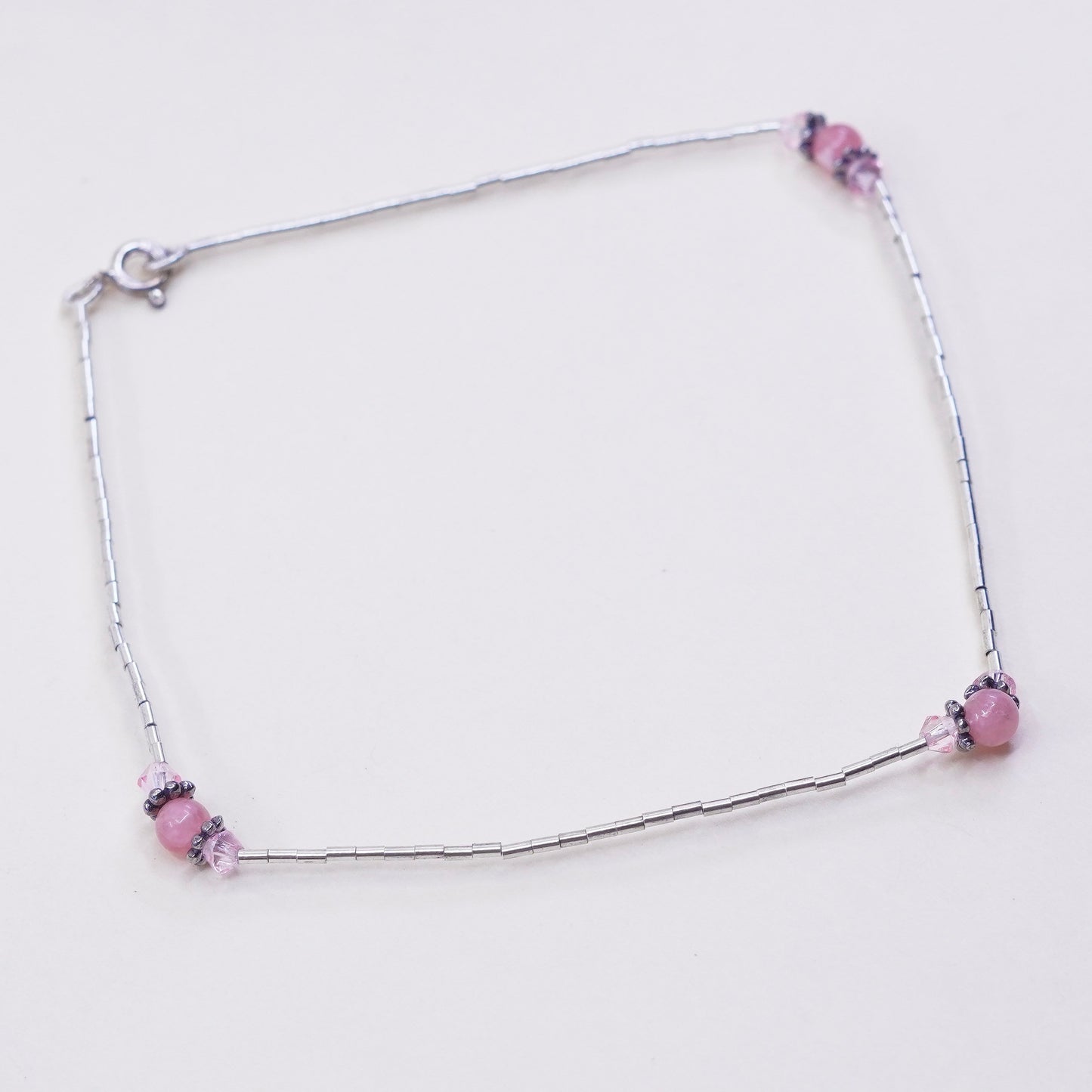 9.75”, sterling silver handmade bracelet anklet, 925 liquid chain crystal beads
