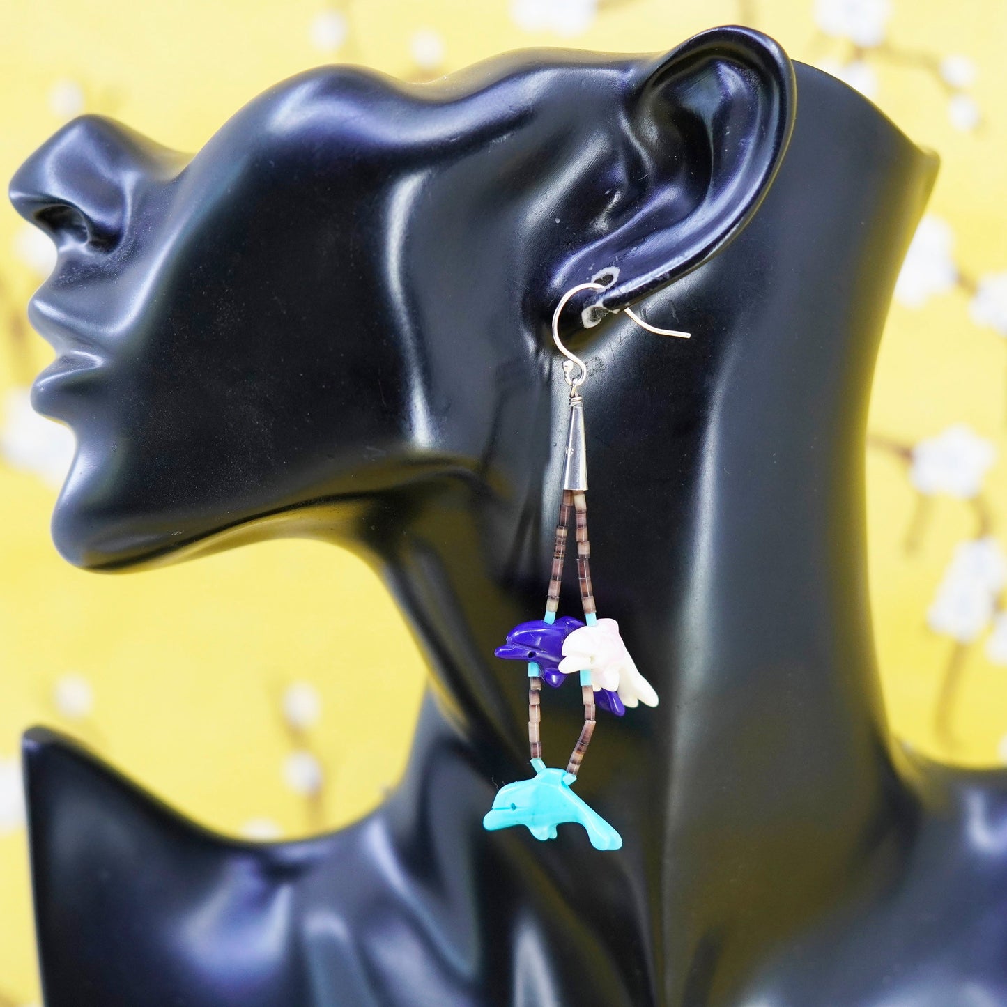 VTG Native American 925 Sterling silver handmade heishi earrings with dolphins