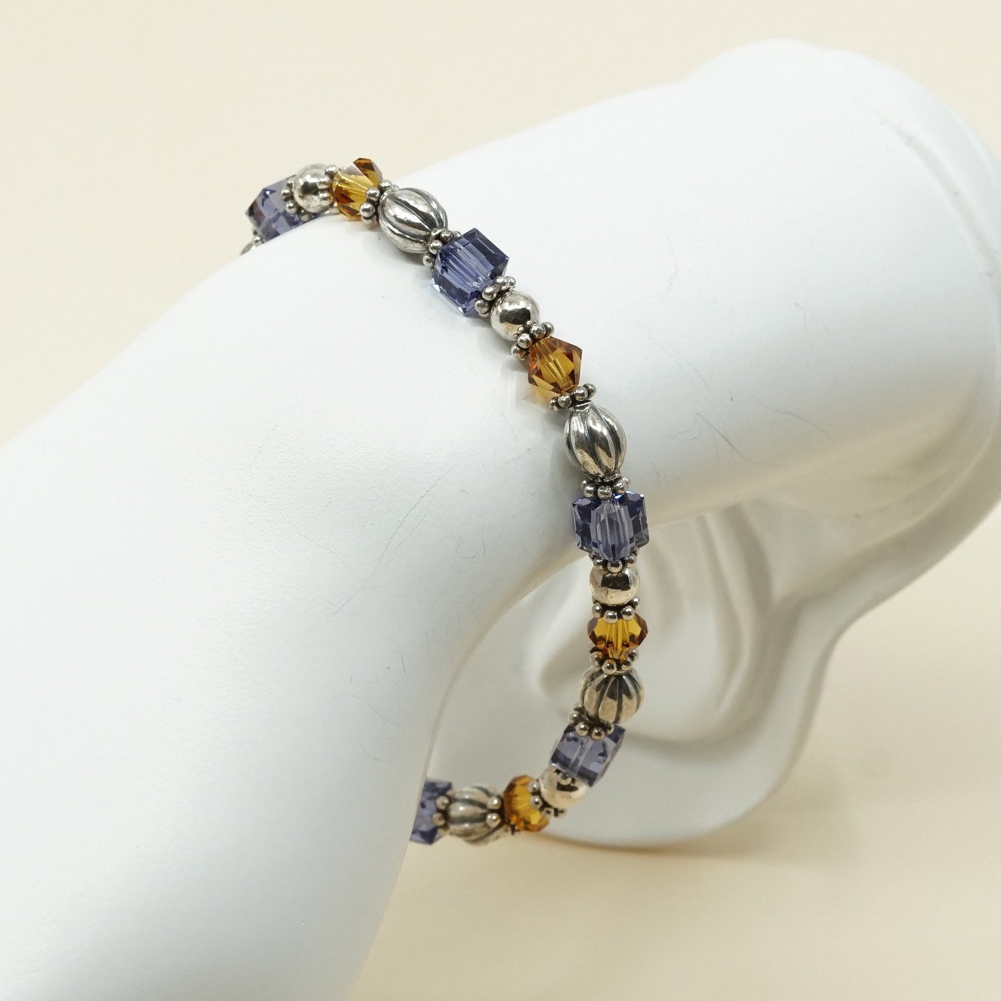 7", VTG Sterling 925 silver handmade bracelet w/ purple, yellow Swarovski beads