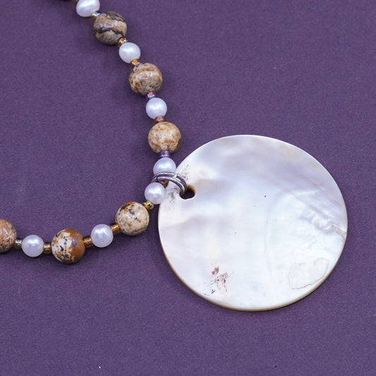 16” Vintage Sterling silver Handmade necklace with jasper and pearl beads