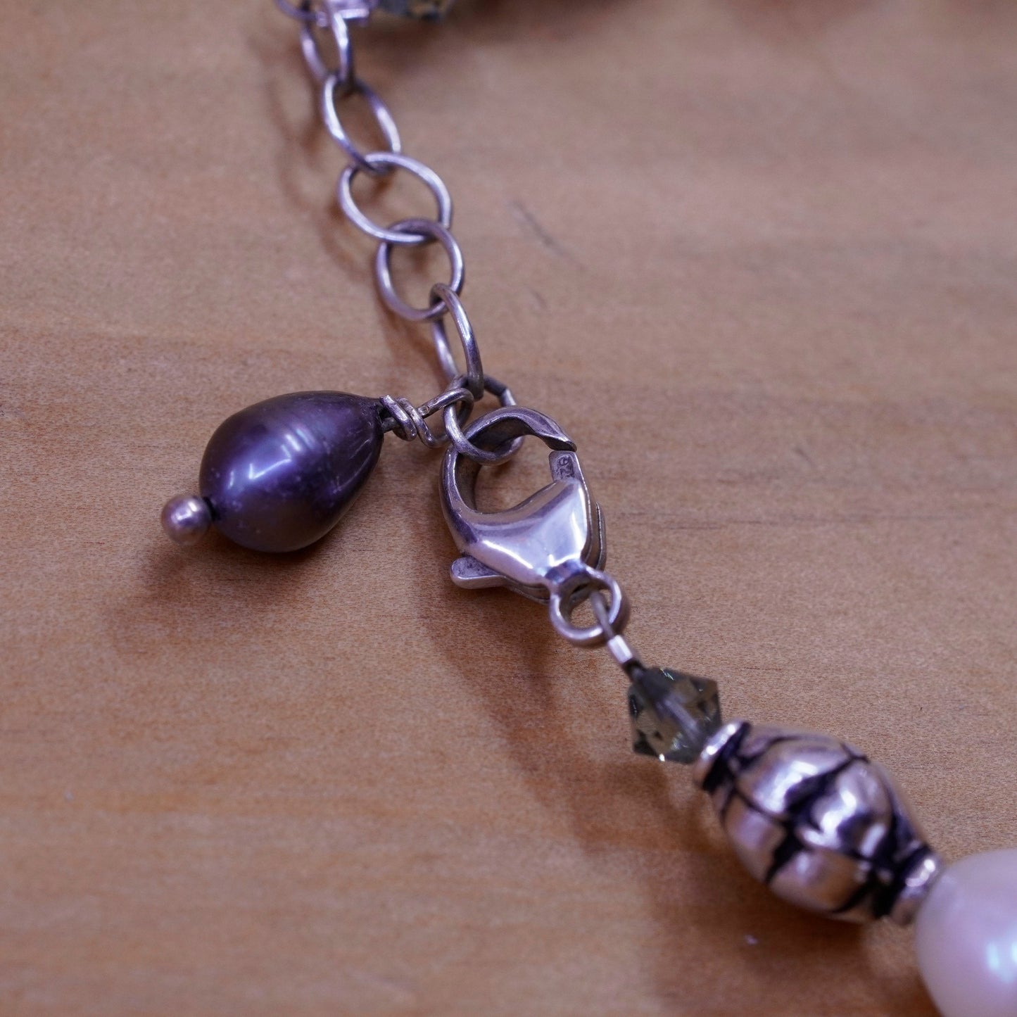 6.75”, Sterling 925 silver handmade floral beads bracelet with black pearl