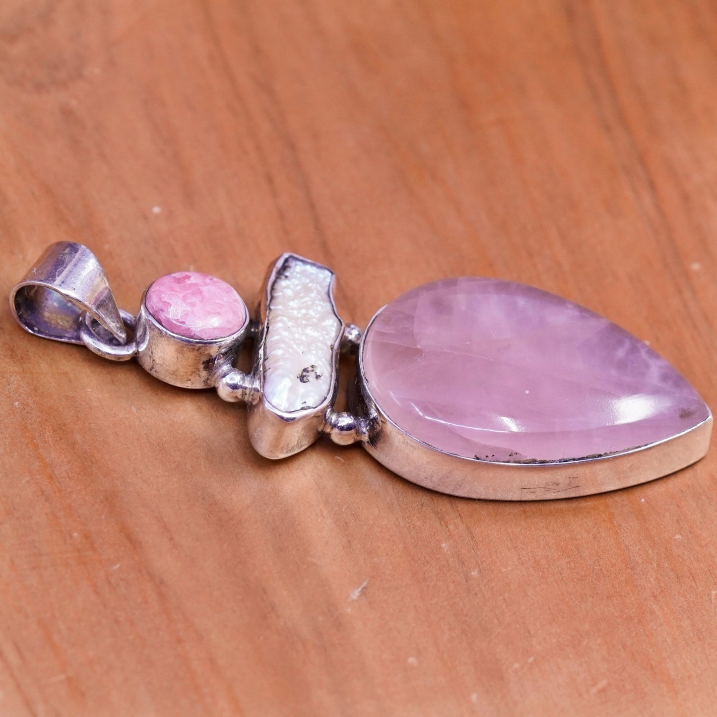 Vintage sajen Sterling 925 silver handmade pendant Rhodonite pearl teardrop