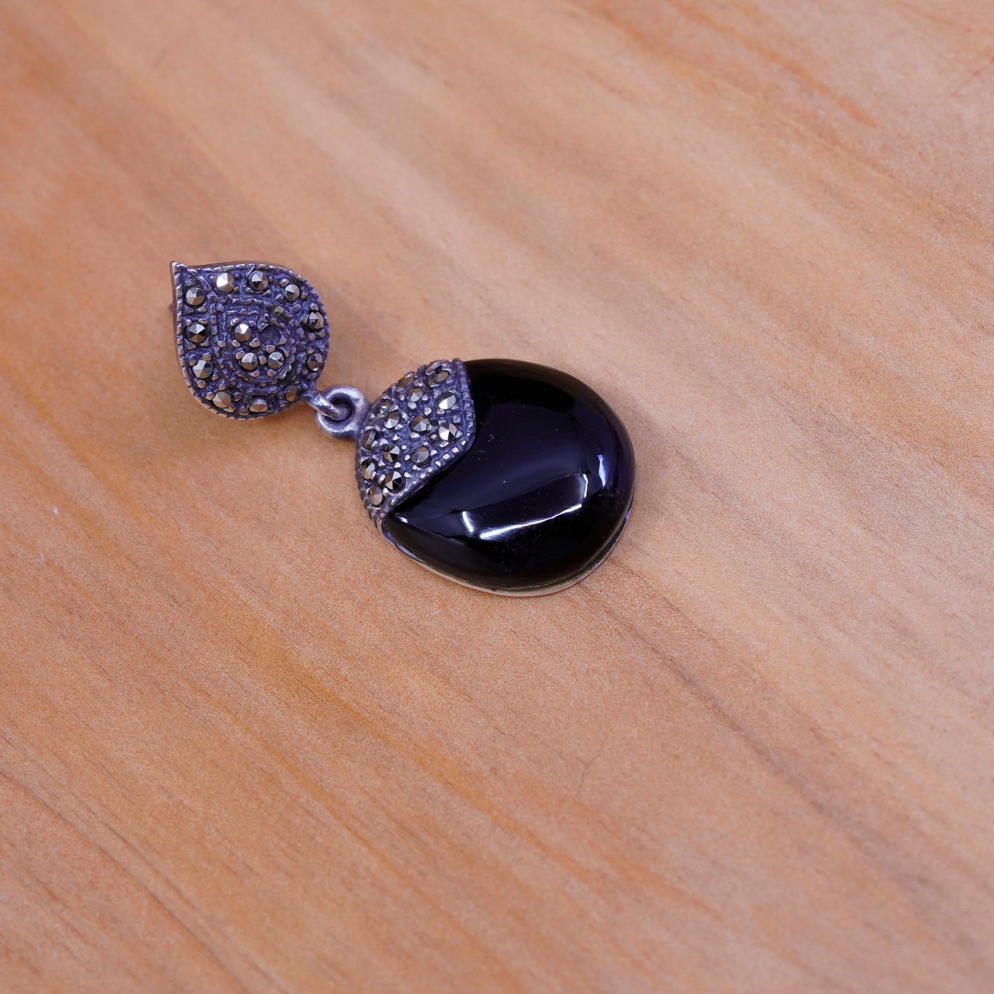 mexico Sterling 925 silver clip on earrings, obsidian dangles w/ Marcasite