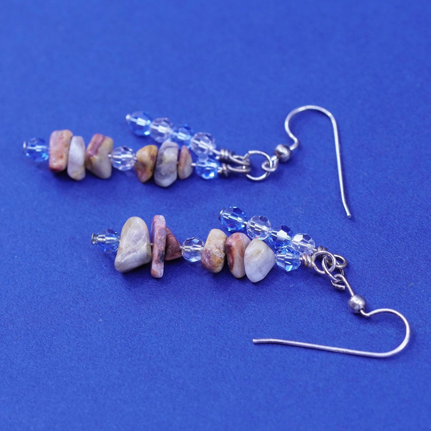 sterling 925 silver handmade earrings blue crystal and jasper nuggets