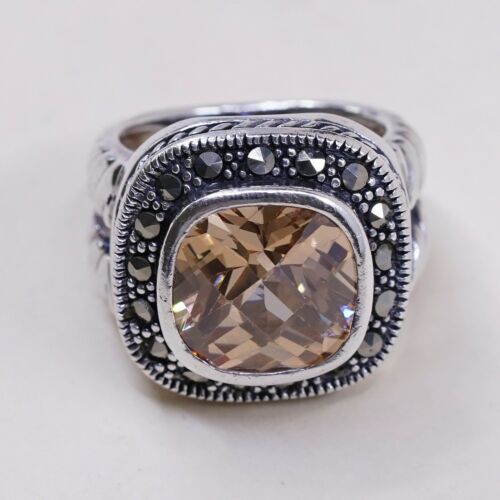 Sz 7, Vtg Sterling Silver Cocktail Ring, 925 W/ Checker Cut citrine n marcasite